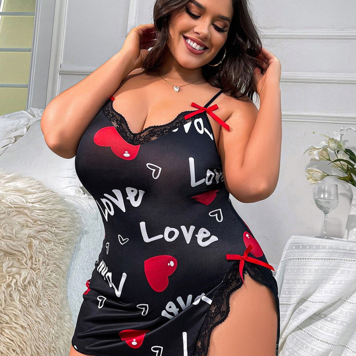 Heart Print Lace Trim Babydoll - Plus Size Lingerie