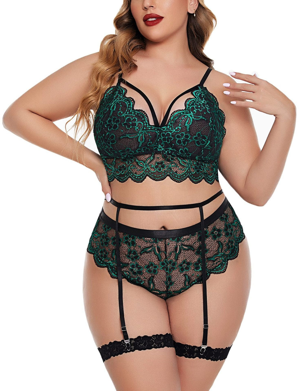 Plus Size Lace Embroidered Garter Set - Garter Lingerie Set