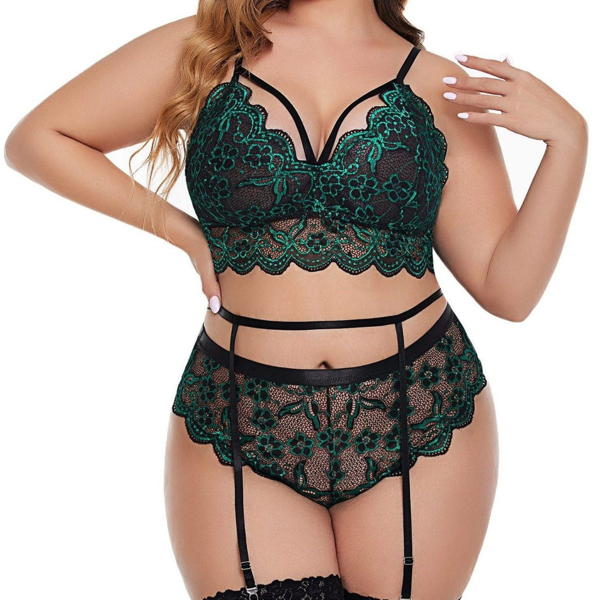 Plus Size Lace Embroidered Garter Set - Garter Lingerie Set