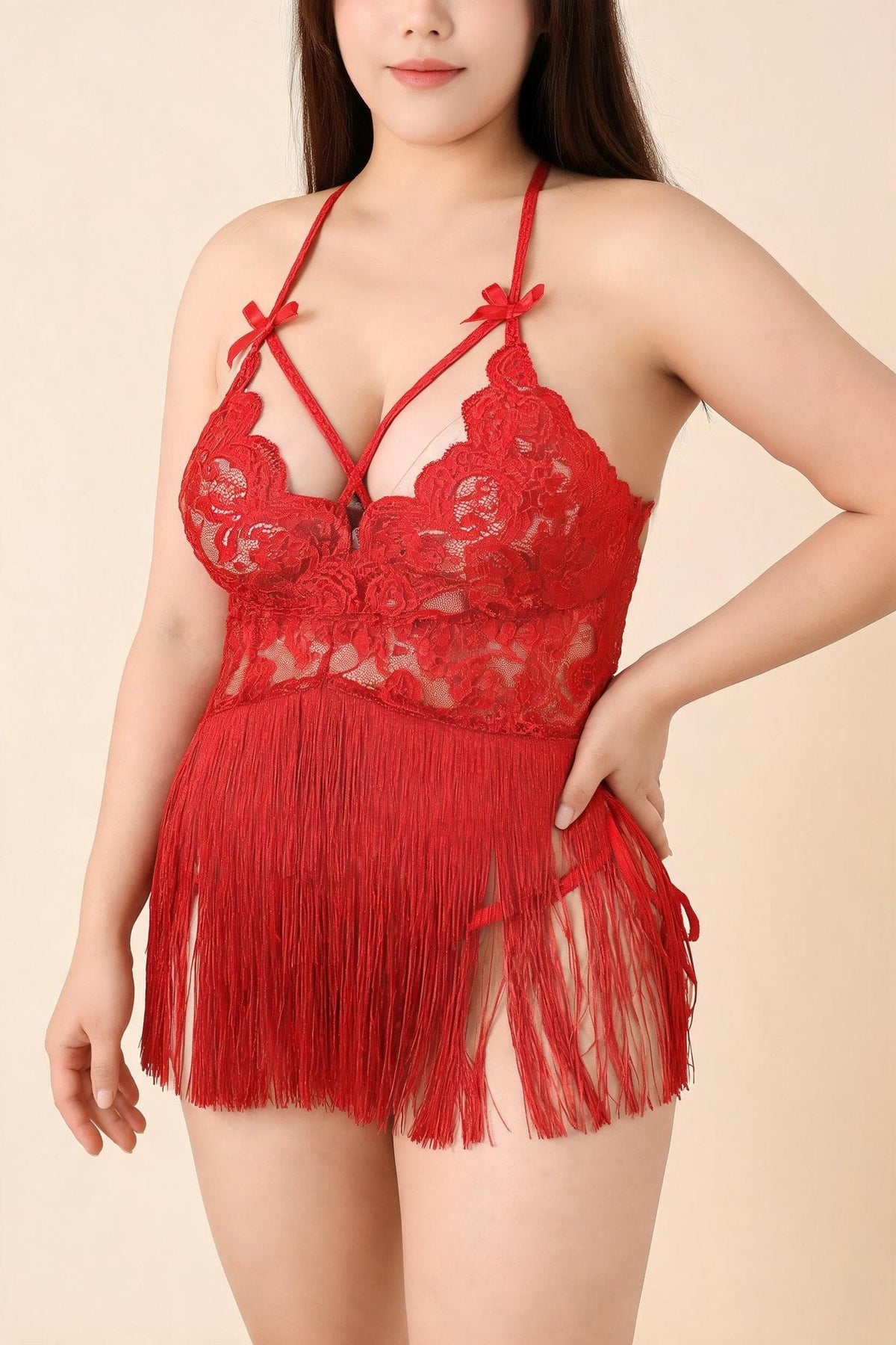 Halter Fringe Bow Babydoll - Plus Size Lingerie