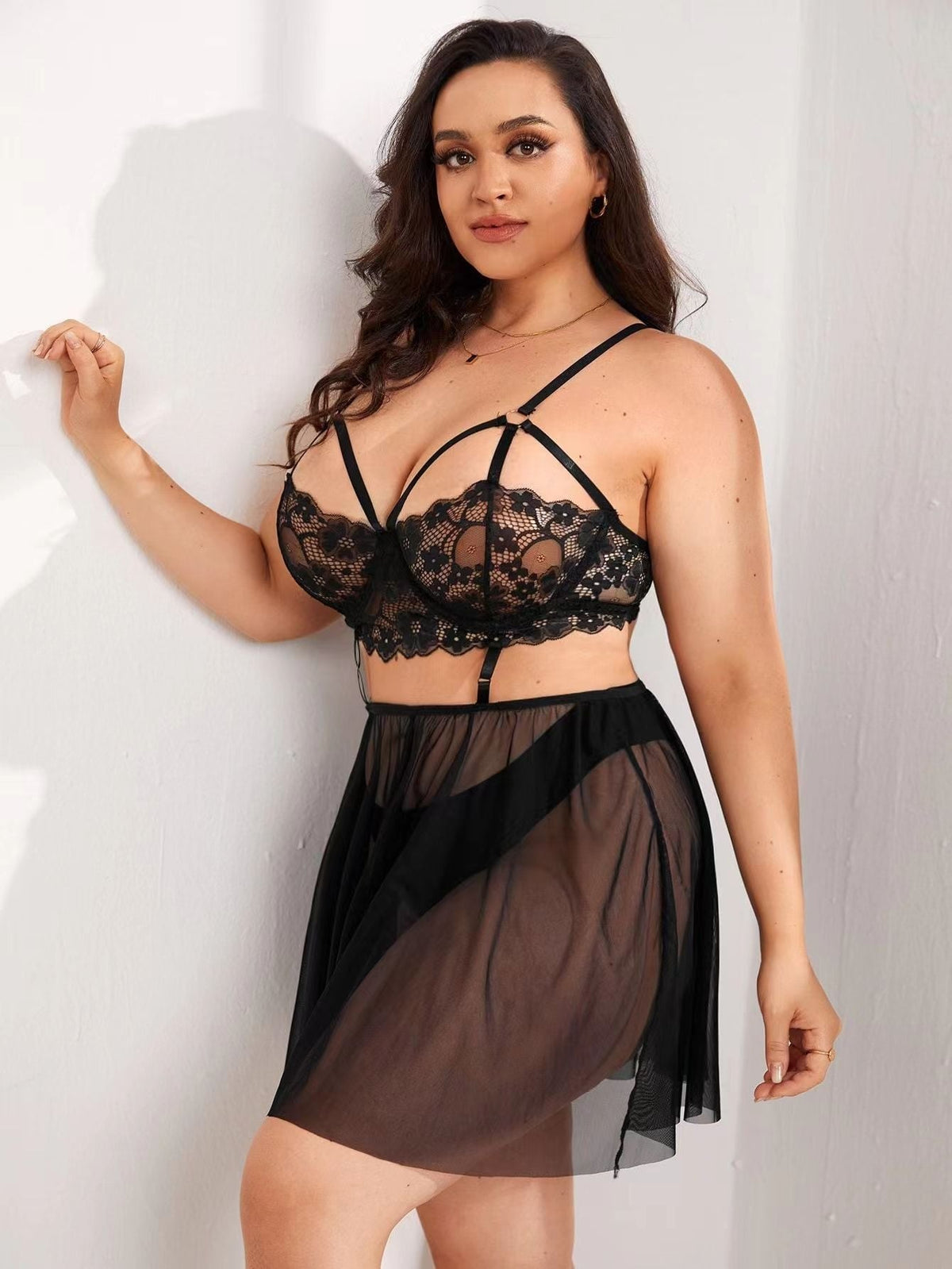 Plus Size Lace Harness Sleepwear Set - Sexy Babydoll Lingerie