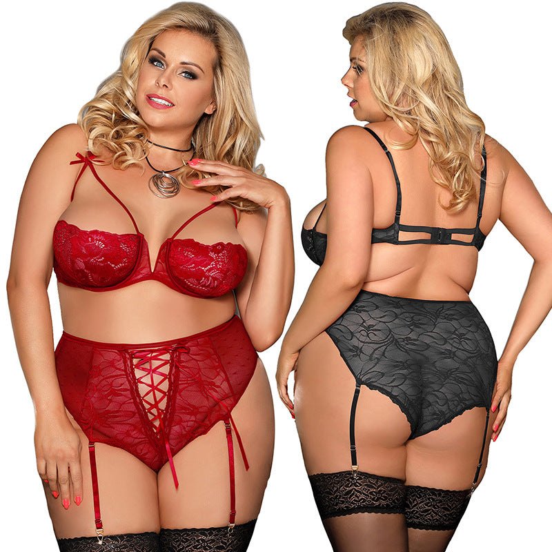 Plus Size Lace Mesh Garter Set - Garter Lingerie Set