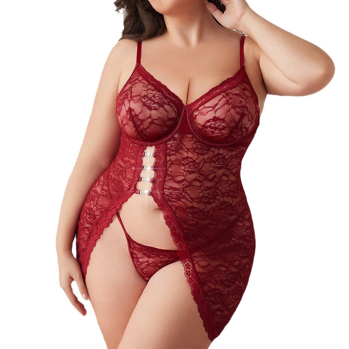Plus Size Lace Suspender Slit Set - Sexy Babydoll Lingerie