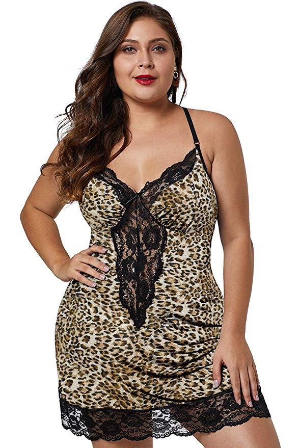 Plus Size Leopard Slip Nightdress - Sexy Nightgown Lingerie