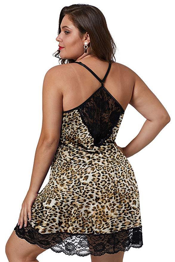 Plus Size Leopard Slip Nightdress - Sexy Nightgown Lingerie