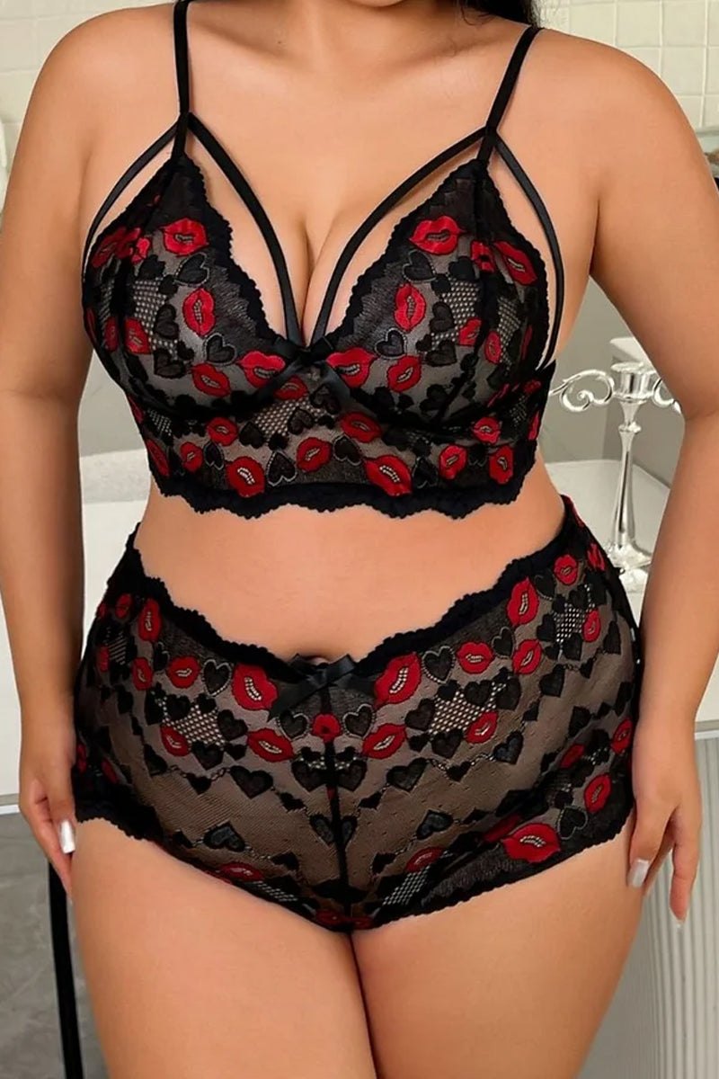 Plus Size Lip Print Lace Set - Bra and Panty Set