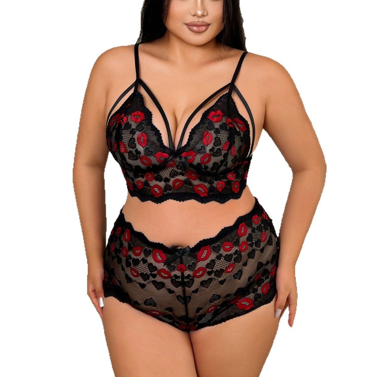 Plus Size Lip Print Lace Set - Bra and Panty Set