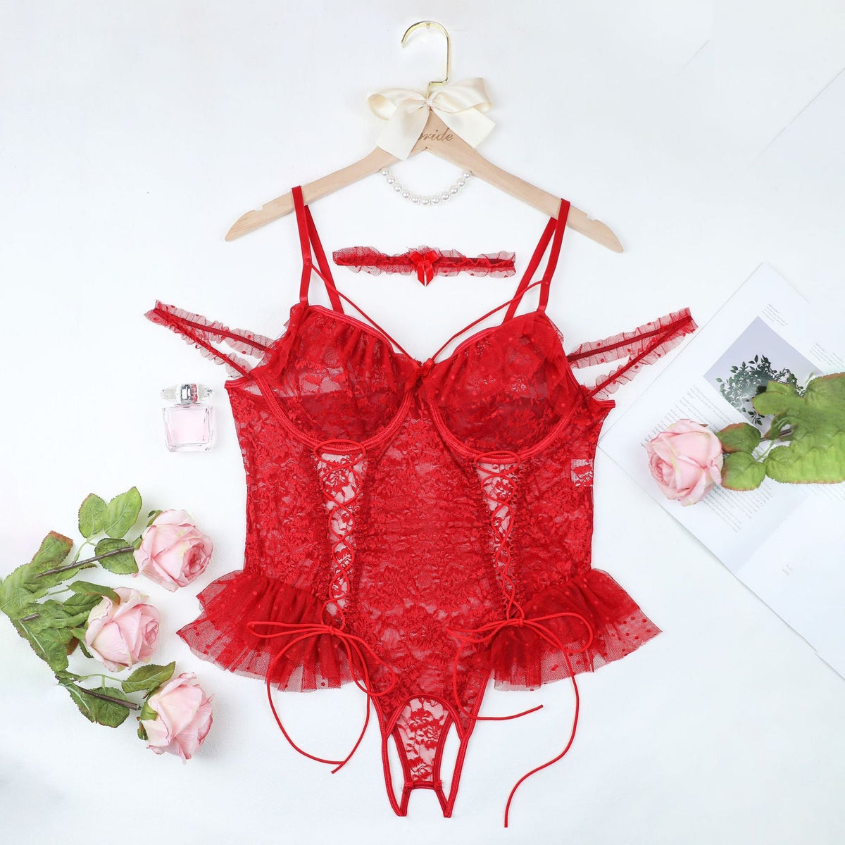 Plus Size Lace-Up Hollow Bodysuit - Lingerie Bodysuit for Women