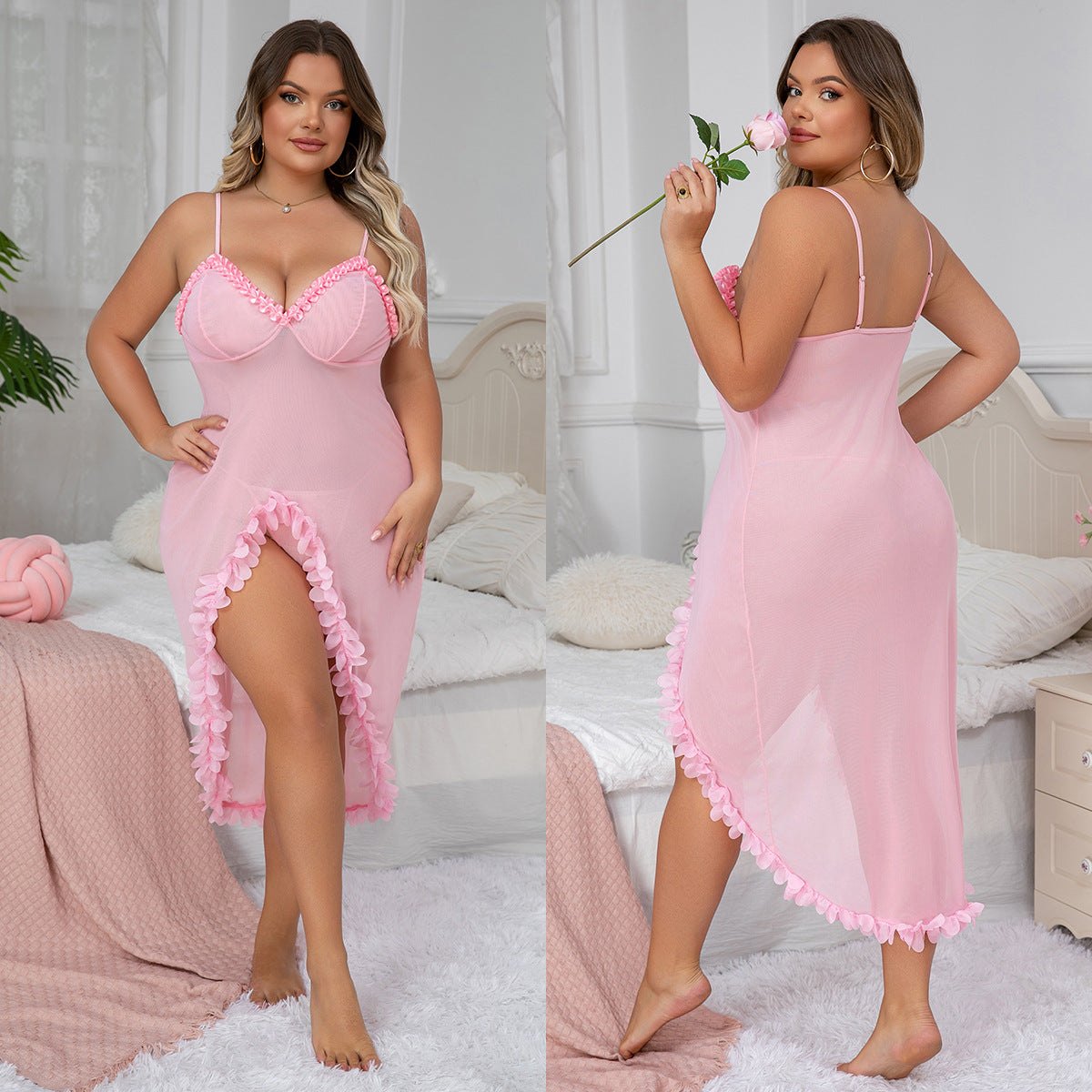 Plus Size Sheer Split Long Dress - Sexy Babydoll Lingerie