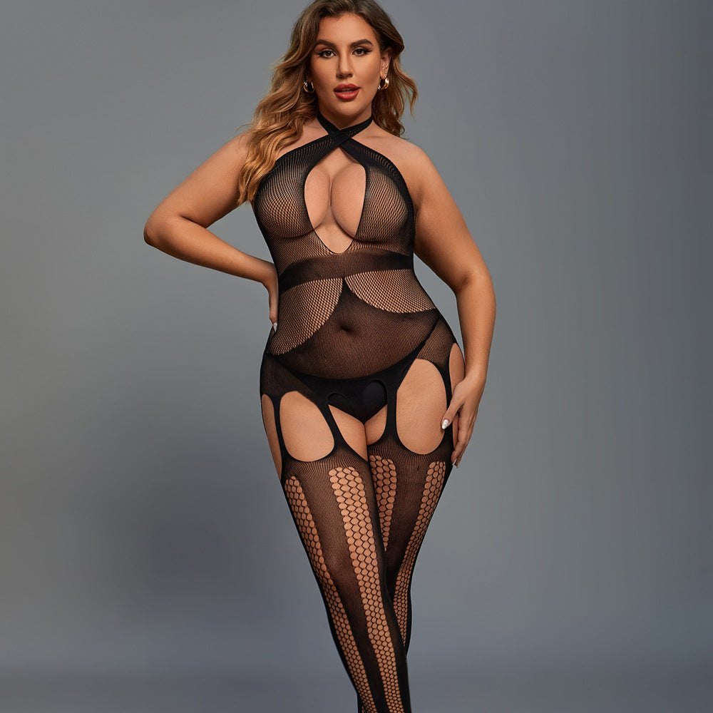 Plus Size Sheer Mesh Halter Bodysuit - Sexy Bodysuit Lingerie