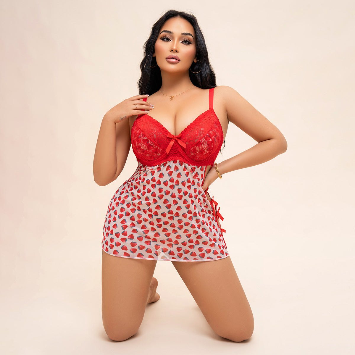 Plus Size Strawberry Print Chemise - Sexy Babydoll Lingerie