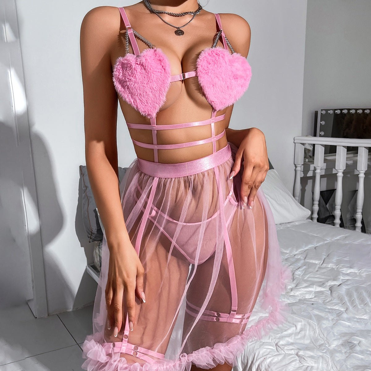 Plush Heart Bra Mesh Skirt Set - Lingerie Set for Women