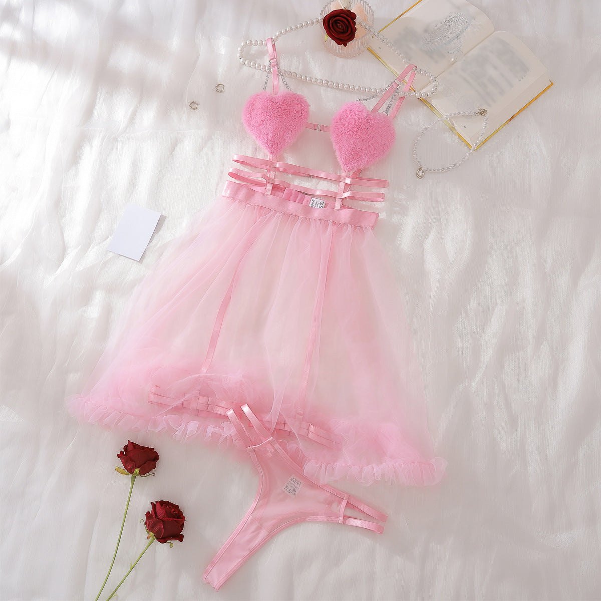 Plush Heart Bra Mesh Skirt Set - Lingerie Set for Women