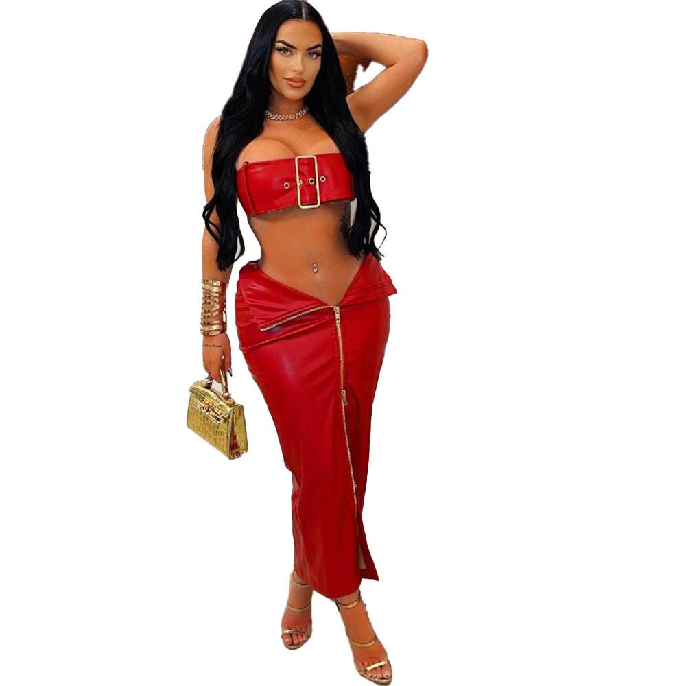 PU Leather Buckle Crop Top Set - Bra and Panty Set
