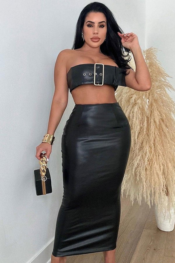 PU Leather Buckle Crop Top Set - Bra and Panty Set