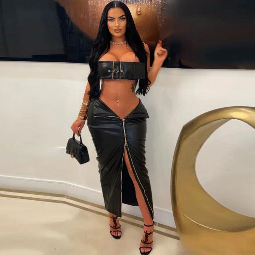 PU Leather Buckle Crop Top Set - Bra and Panty Set