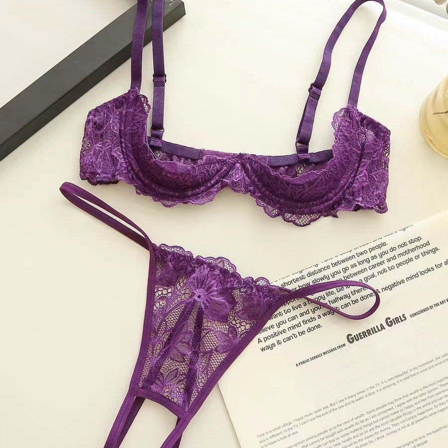 Purple Lace Half-Cup Bralette - Bra and Panty Set