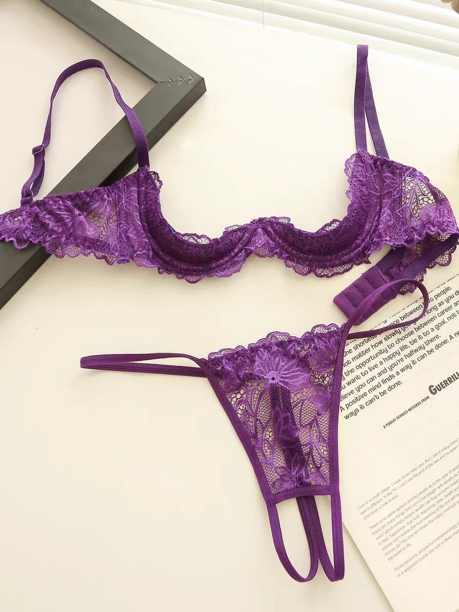 Purple Lace Half-Cup Bralette - Bra and Panty Set