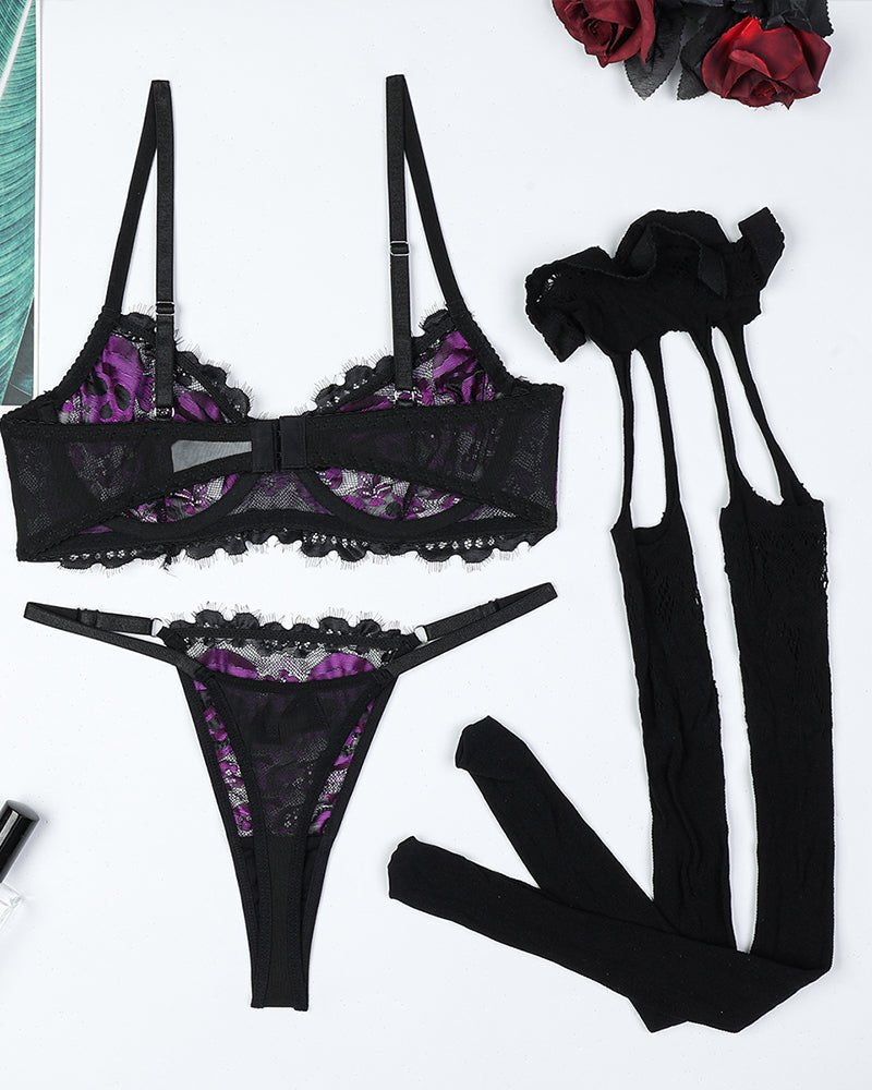 Skull Embroidery Lace Garter Set - Garter Lingerie Set