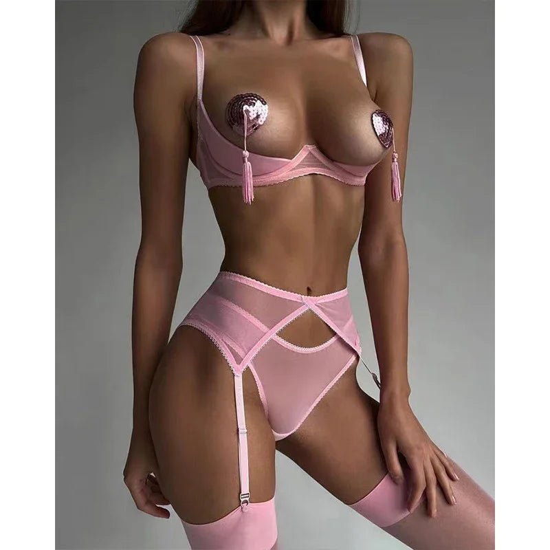 Push-Up Open Cup Garter Set - Garter Lingerie Set