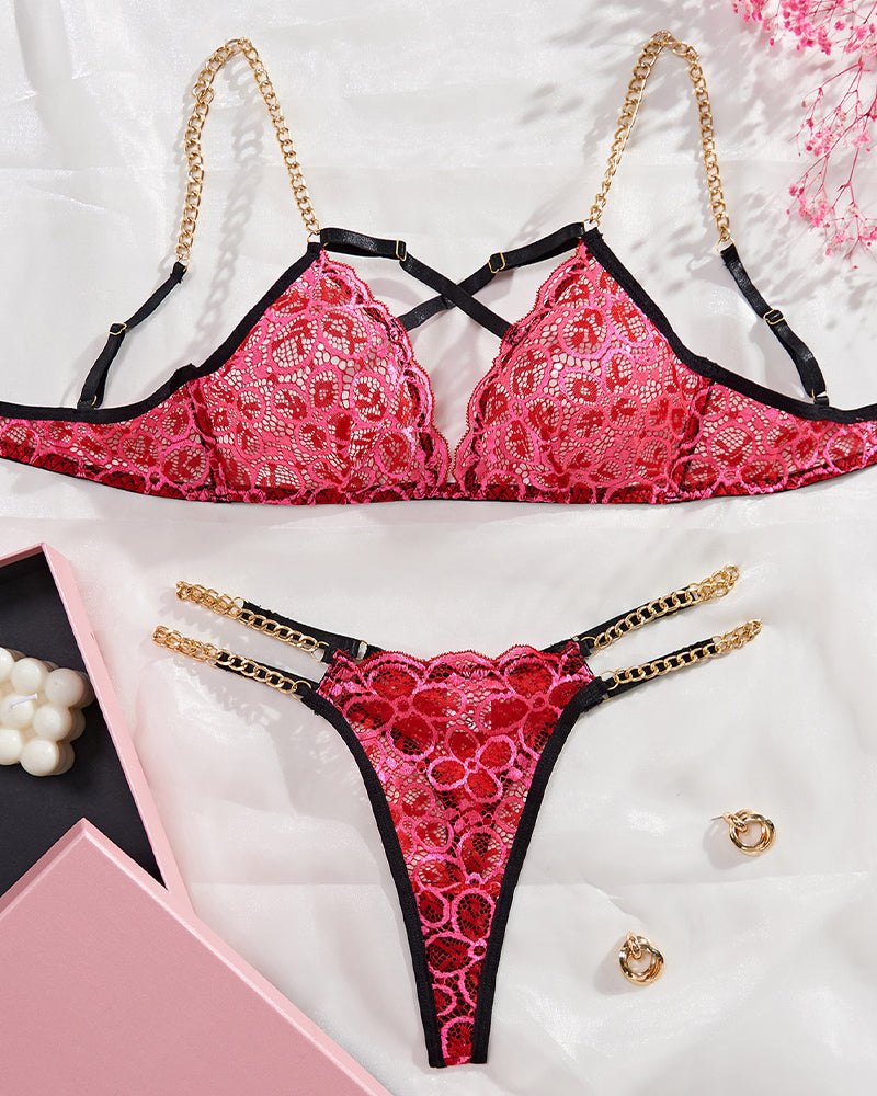 Floral Chain Sheer Lace Bra Set - Lingerie Set for Women
