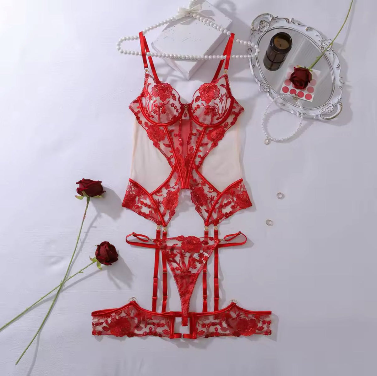 Red Lace Open Cup Garter Set - Garter Lingerie Set