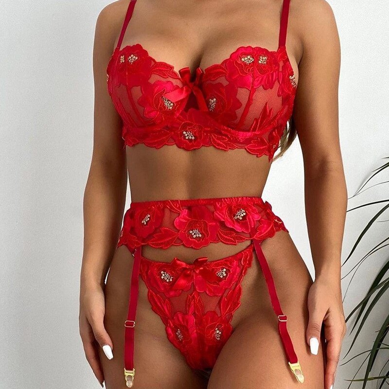 Red Lace Bra and Garter Set - Garter Lingerie Set