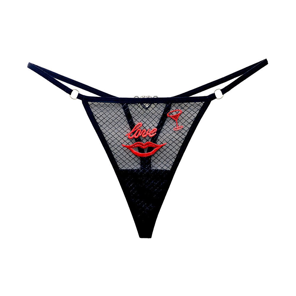 Red Lips Embroidery Diamond Thong - Sexy G String Thong