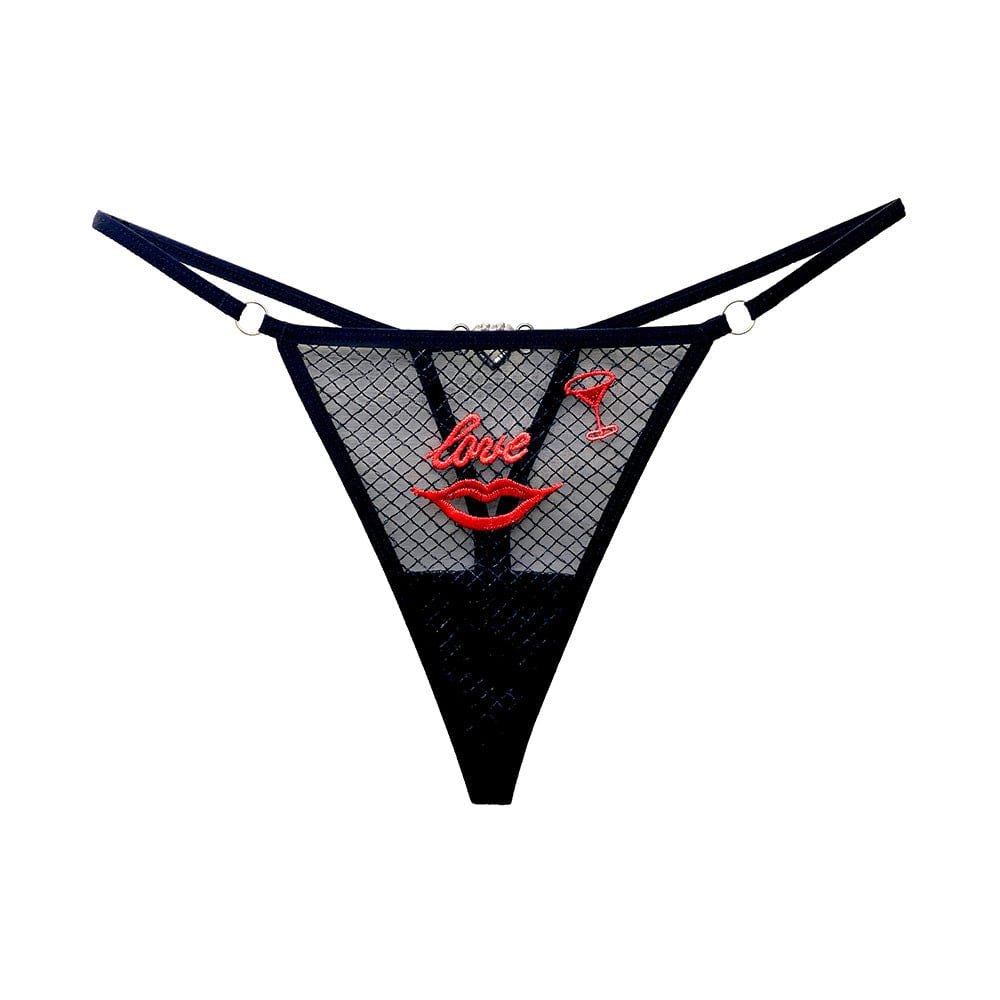 Lips Embroidery Mesh Thong - Red Lips Rhinestone Thong