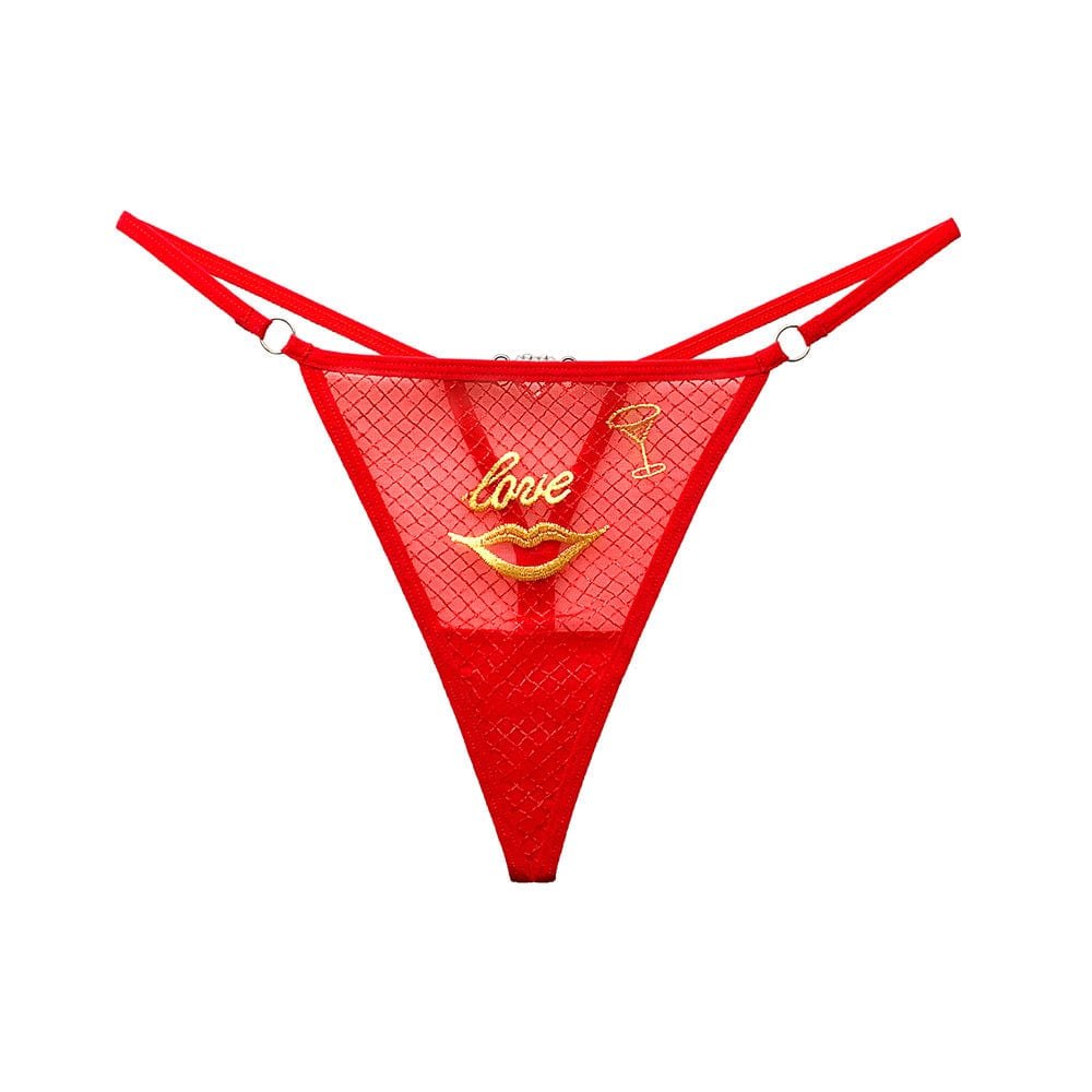 Lips Embroidery Mesh Thong - Red Lips Rhinestone Thong