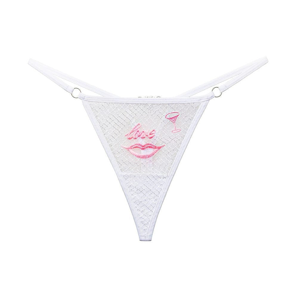 Lips Embroidery Mesh Thong - Red Lips Rhinestone Thong