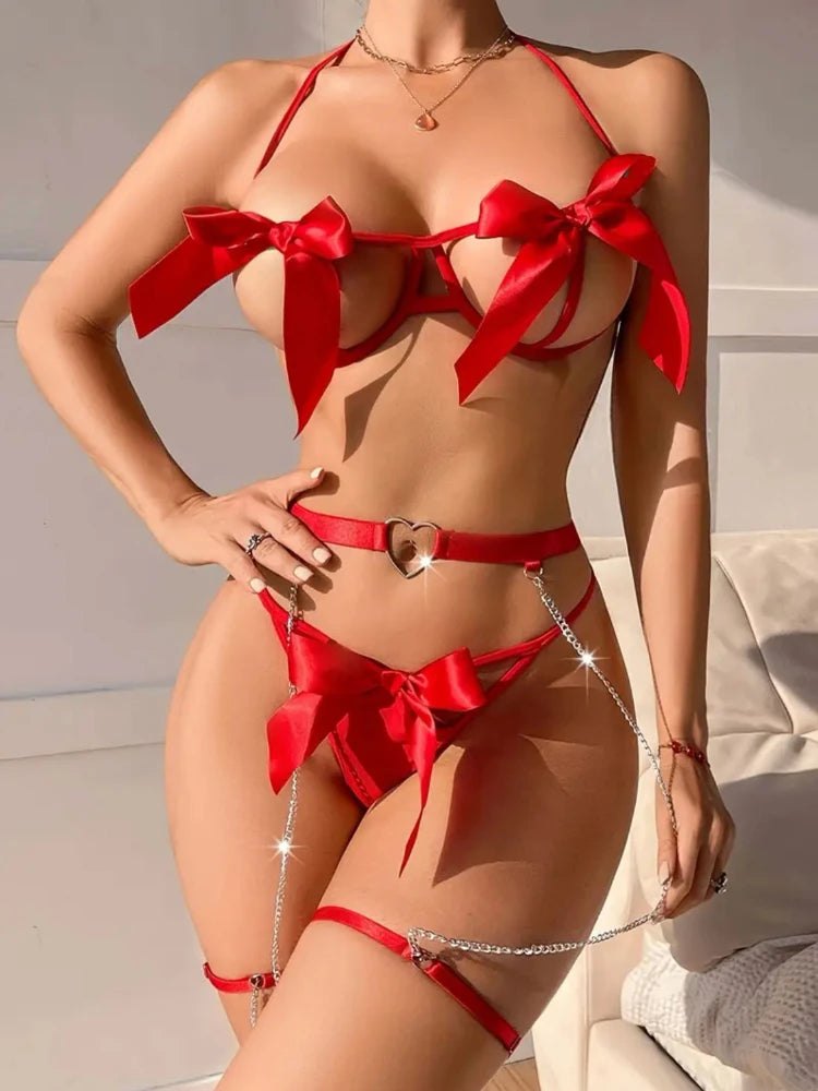 Red Bow Chain Bra Set - Lingerie Set for Women