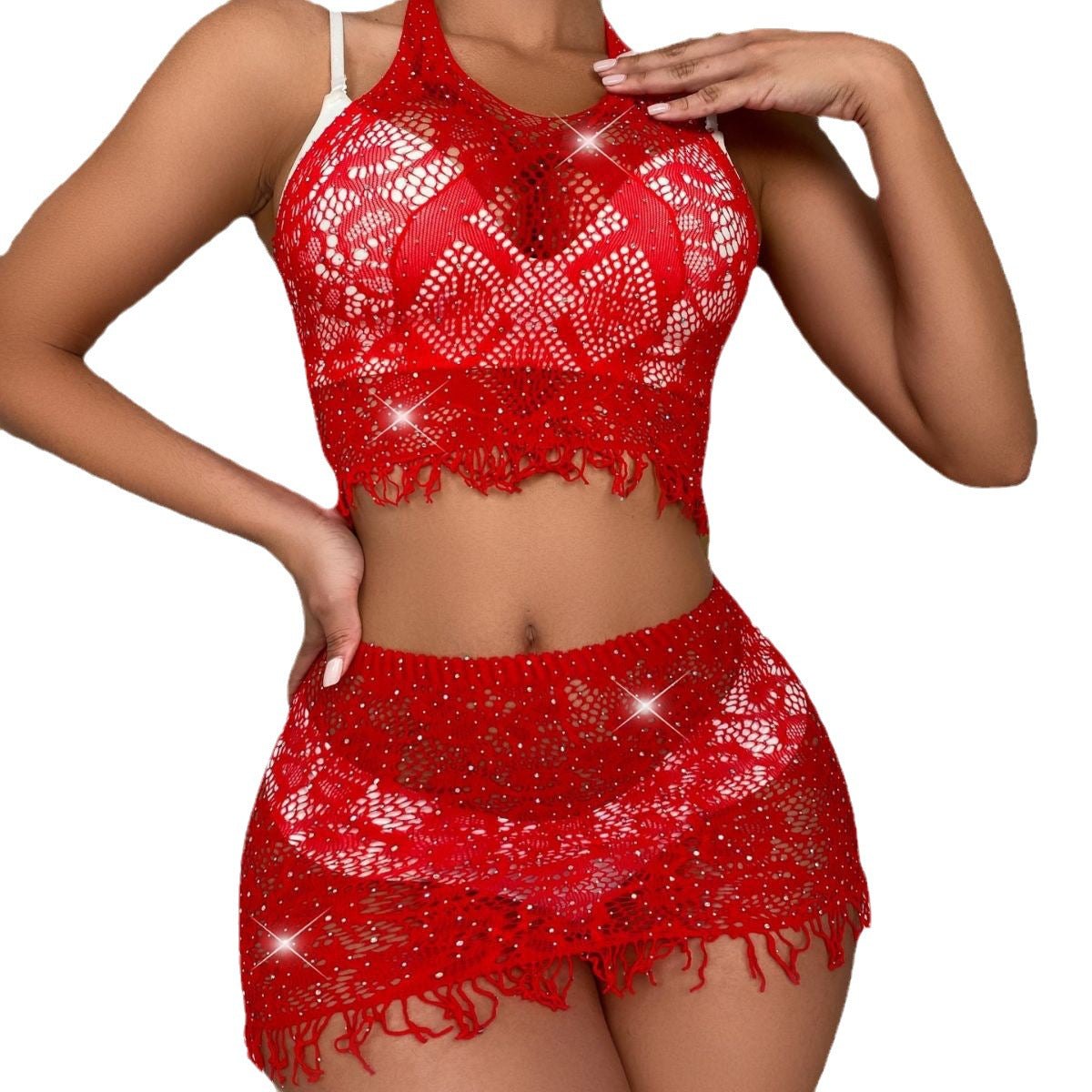 Rhinestone Crochet Lace Crop Set - Bra and Panty Set