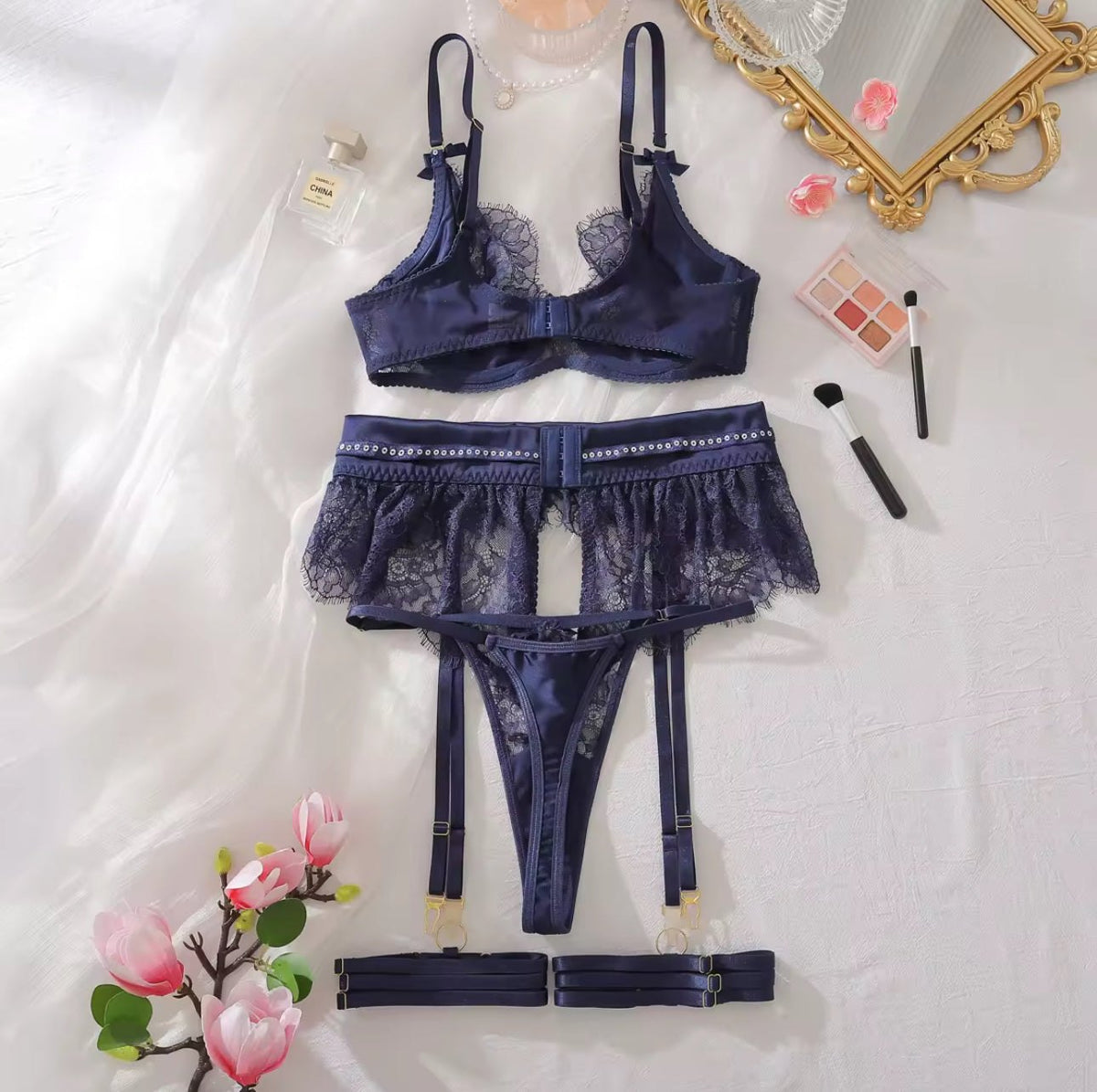 Rhinestone Lace Garter Set - Garter Lingerie Set