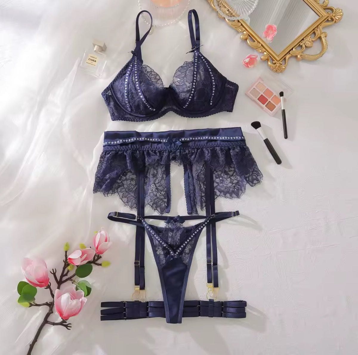 Rhinestone Lace Garter Set - Garter Lingerie Set