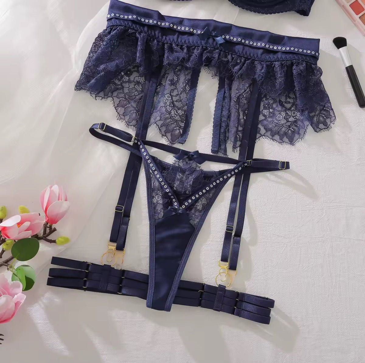 Rhinestone Lace Garter Set - Garter Lingerie Set