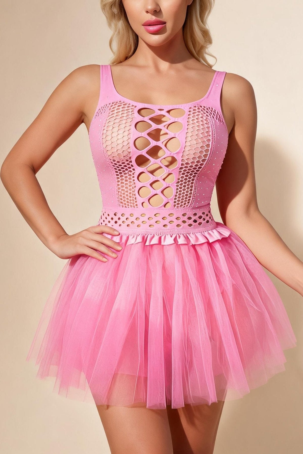Rhinestone Fishnet Tutu Dress - Sexy Lingerie Dress