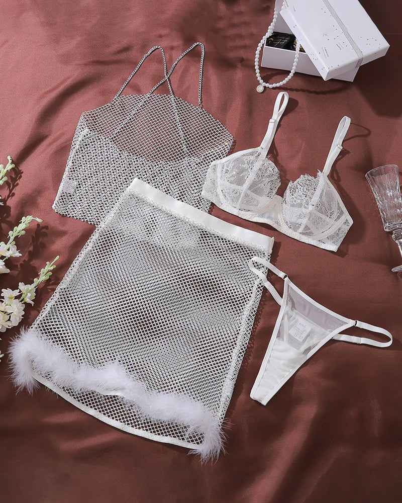 Rhinestone Fishnet Feather Set - Bra and Panty Set
