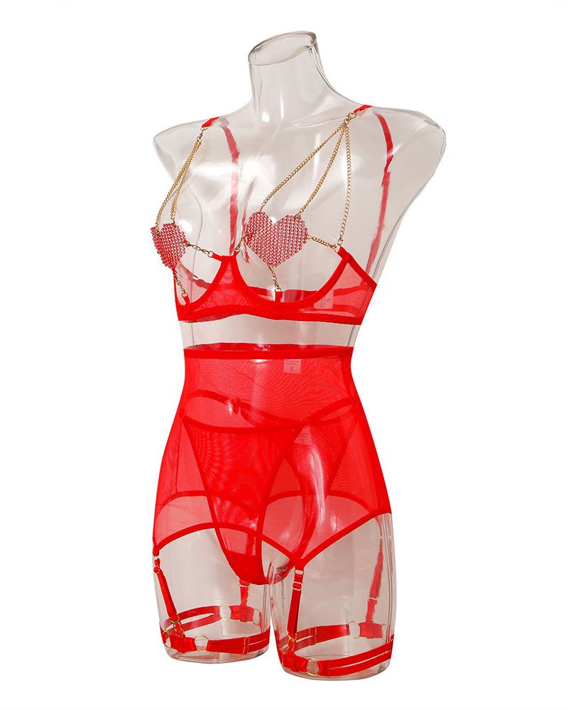 Rhinestone Heart Chain Garter Set - Garter Lingerie Set
