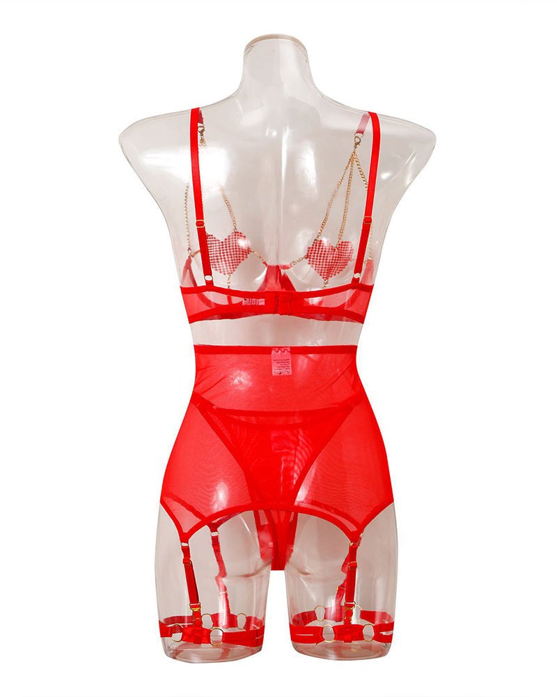 Rhinestone Heart Chain Garter Set - Garter Lingerie Set
