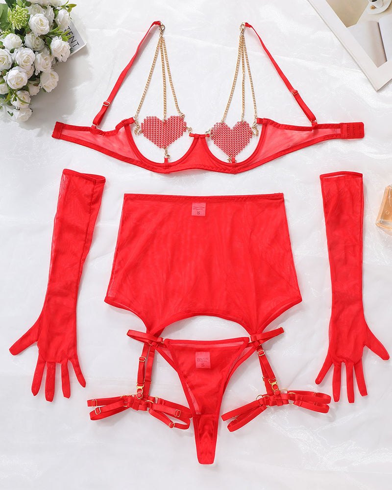 Rhinestone Heart Chain Garter Set - Garter Lingerie Set