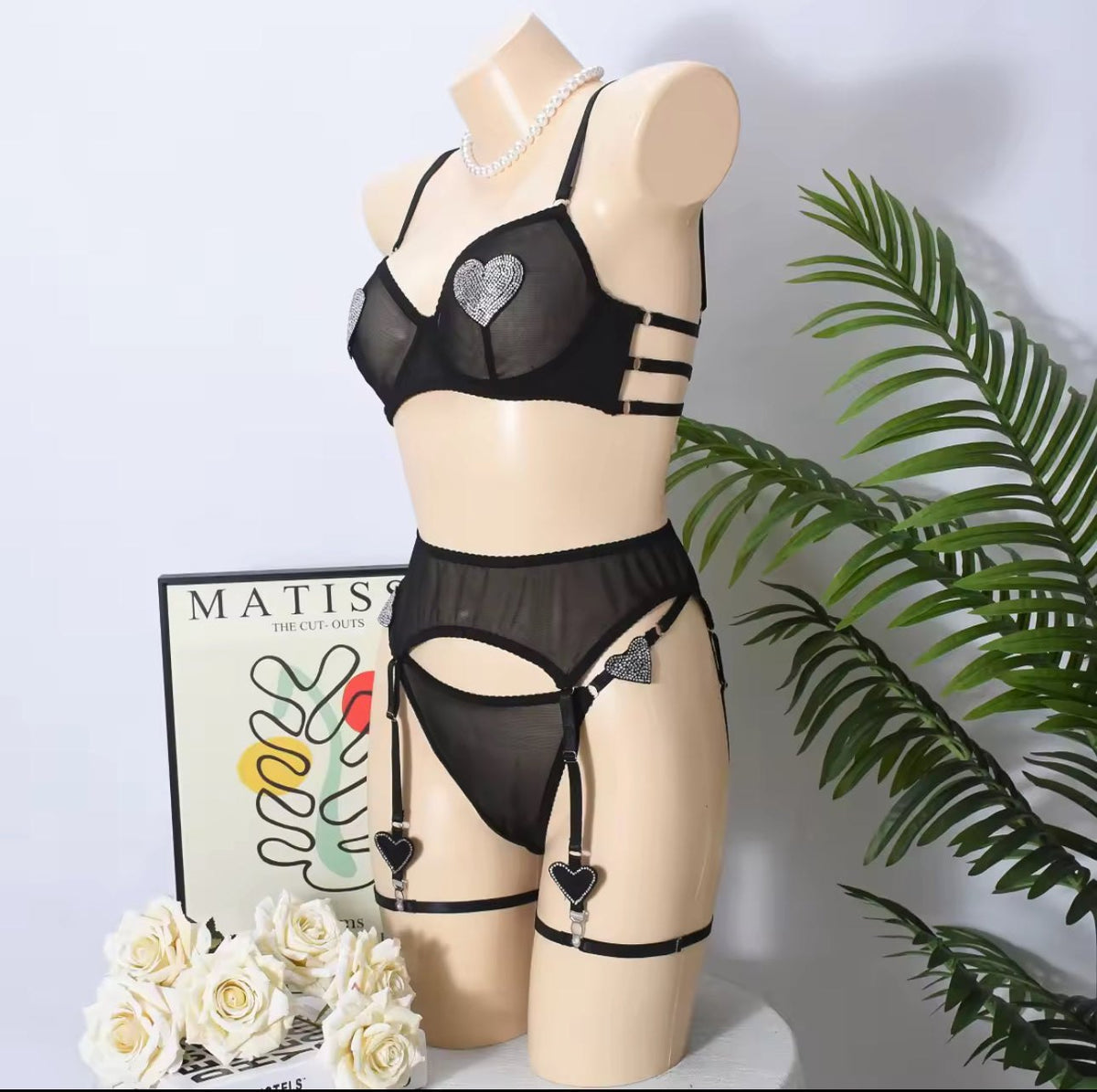 Rhinestone Heart Garter Set - Garter Lingerie Set