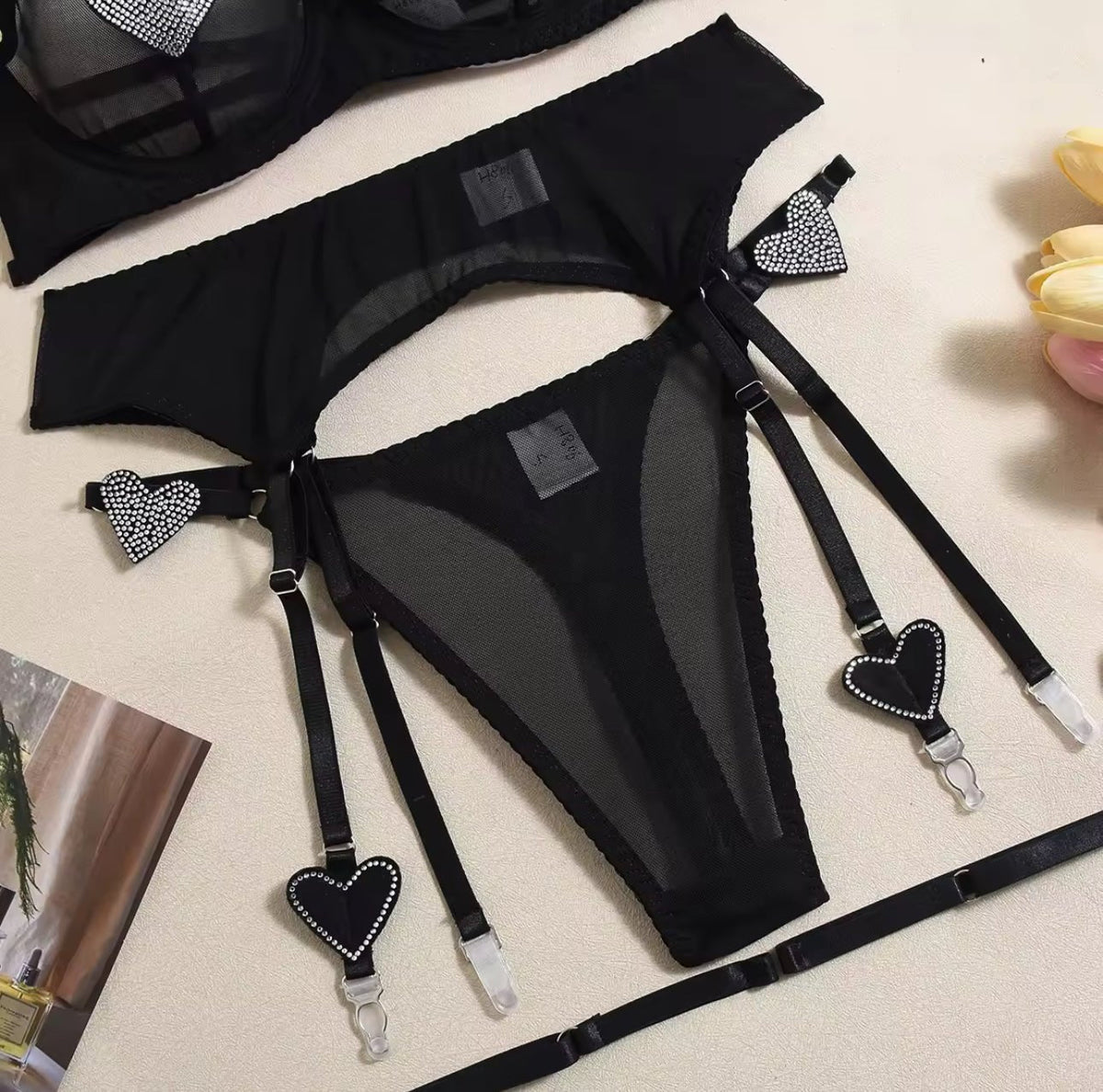 Rhinestone Heart Garter Set - Garter Lingerie Set