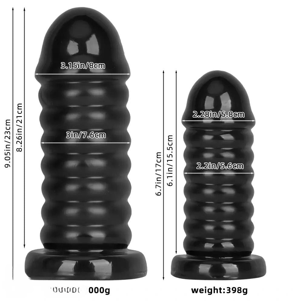 Ribbed Anal Dildo S/L 9.05 in - Black PVC Sex Toy