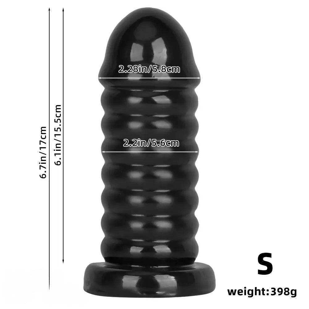 Ribbed Anal Dildo S/L 9.05 in - Black PVC Sex Toy