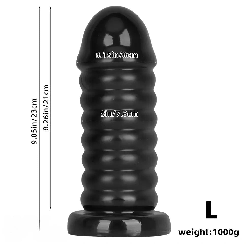 Ribbed Anal Dildo S/L 9.05 in - Black PVC Sex Toy