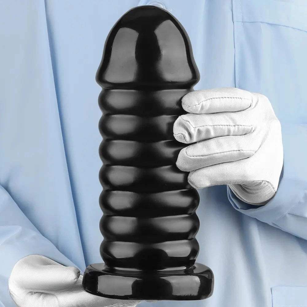 Ribbed Anal Dildo S/L 9.05 in - Black PVC Sex Toy