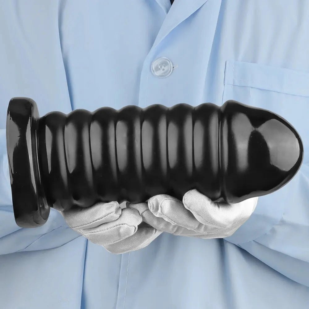 Ribbed Anal Dildo S/L 9.05 in - Black PVC Sex Toy