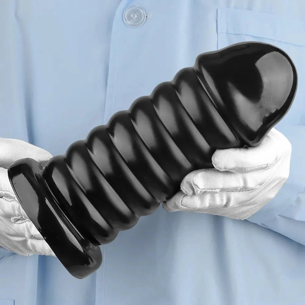 Ribbed Anal Dildo S/L 9.05 in - Black PVC Sex Toy