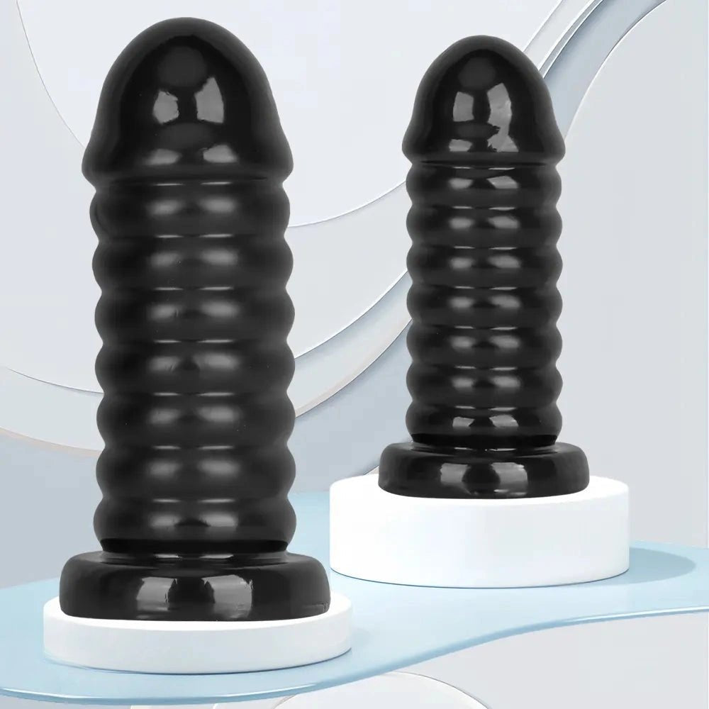 Ribbed Anal Dildo S/L 9.05 in - Black PVC Sex Toy